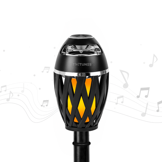 Black and orange outdoor speaker with TIKITUNES branding on a white background with music notes.