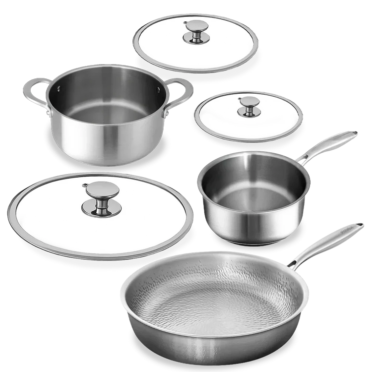 Set of stainless steel cookware including pots, pans, and lids on a white background