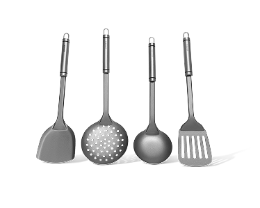 Set of four gray kitchen utensils on a white background