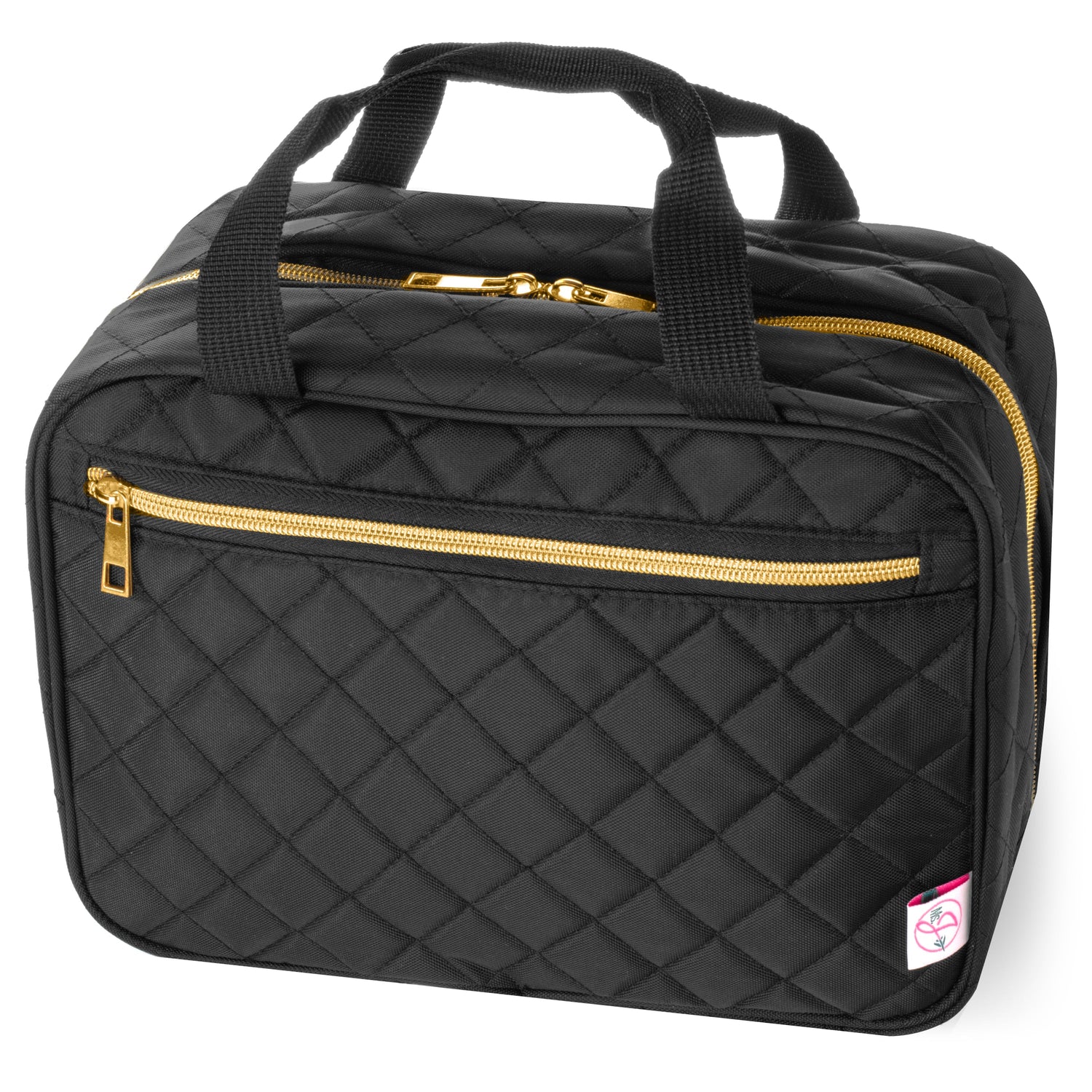 Black quilted travel bag with gold zippers on a white background