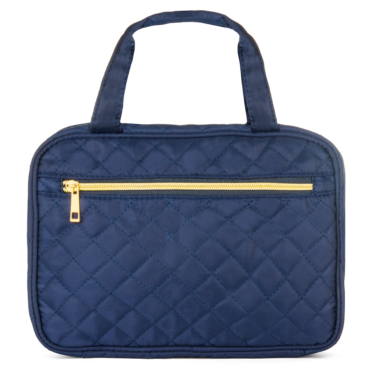 Navy quilted handbag with a gold zipper on a white background