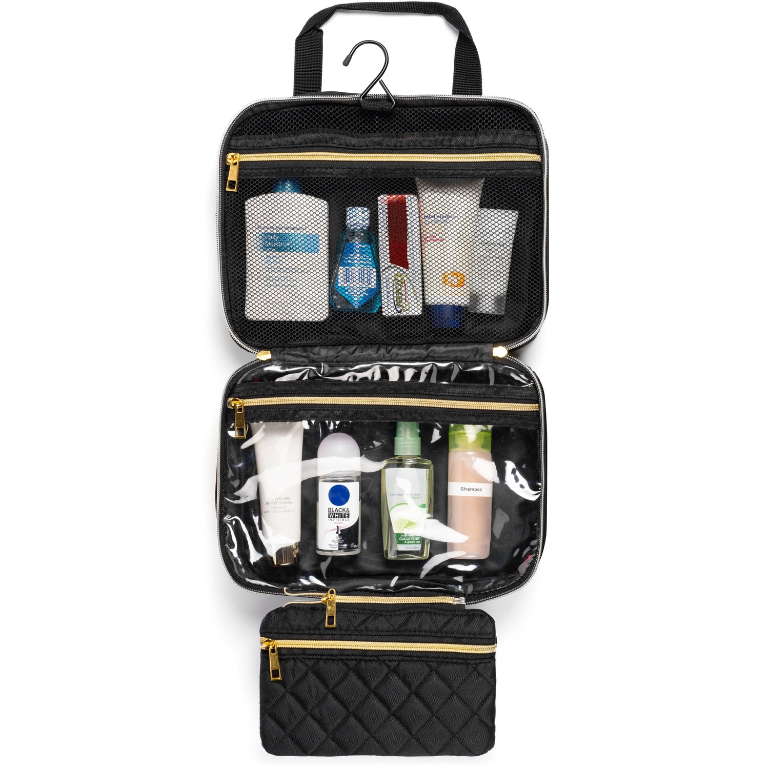 Black toiletry bag with various skincare products on a white background