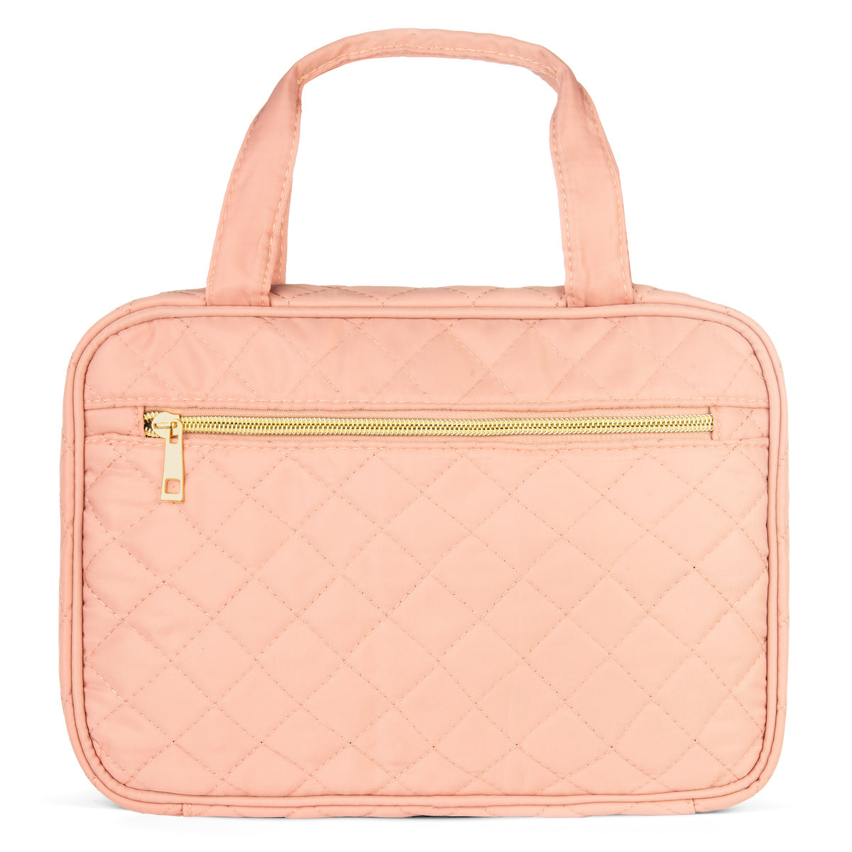 Pink quilted handbag with a gold zipper on a white background