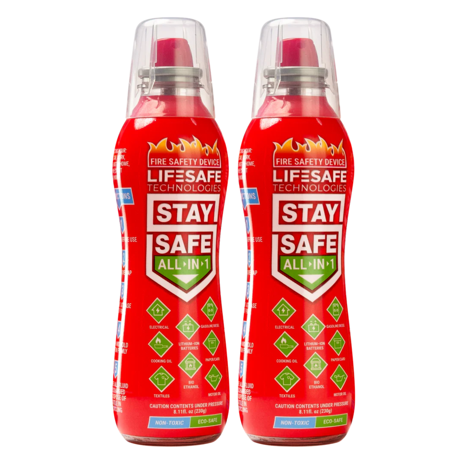 Two red bottles of Lifesafe Technologies Stay Safe All-In-1 on a white background