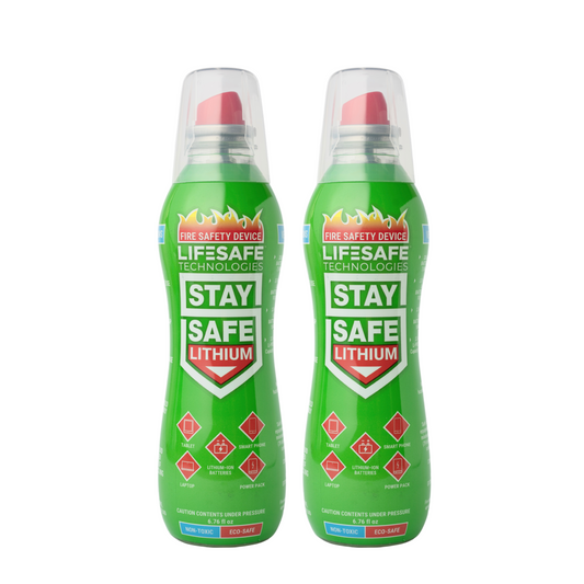 Two green bottles of Lifesafe Technologies Stay Safe Lithium on a white background
