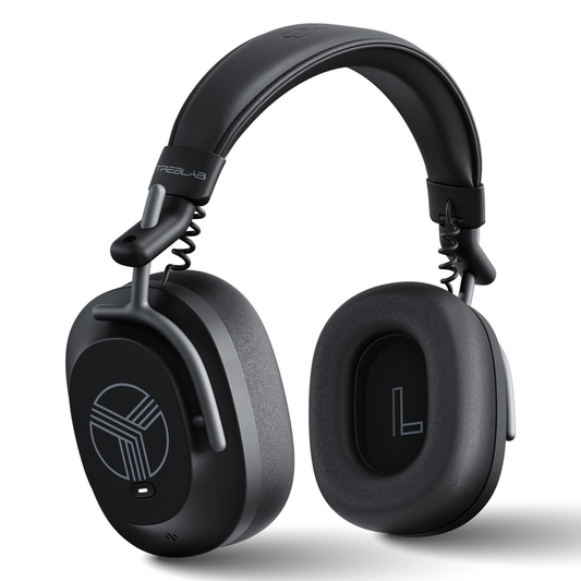 Black headphones with a carrying case on a white background