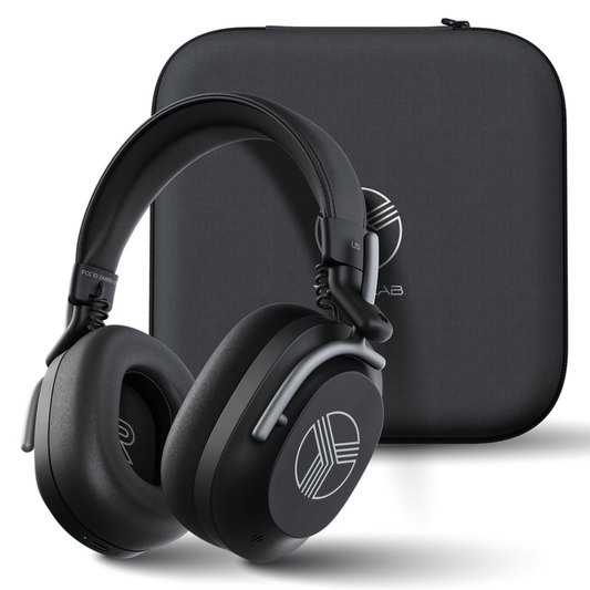 Black headphones with a carrying case on a white background