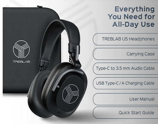 Black headphones with a carrying case on a white background