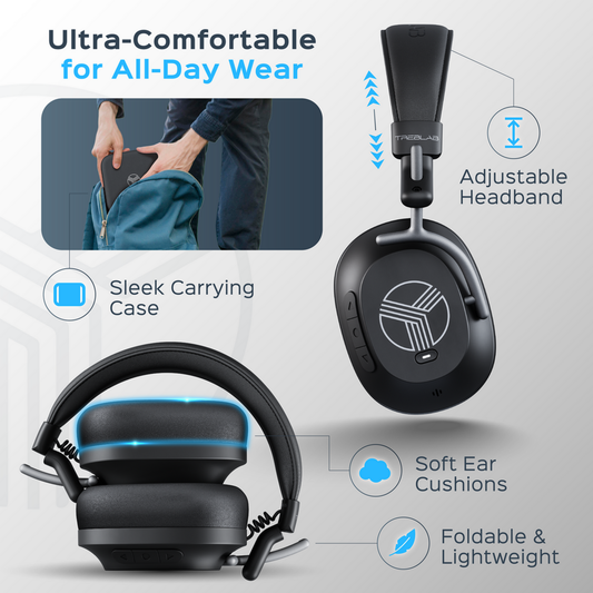 Black headphones with a carrying case on a white background