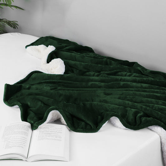 Ultra-Soft Velvet Plush Reversible Sherpa Fleece Blanket - Forest Green (King / California King)