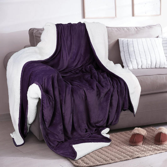 Ultra-Soft Velvet Plush Reversible Sherpa Fleece Blanket - Plum