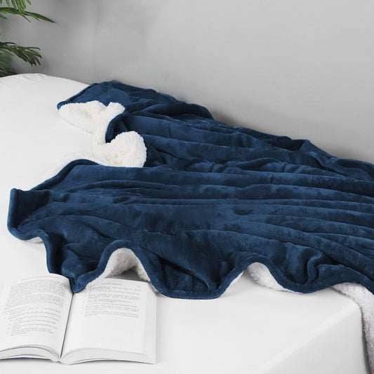 Ultra-Soft Velvet Plush Reversible Sherpa Fleece Blanket - Navy