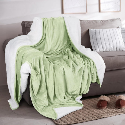 Ultra-Soft Velvet Plush Reversible Sherpa Fleece Blanket - Sage Green (King / California King)