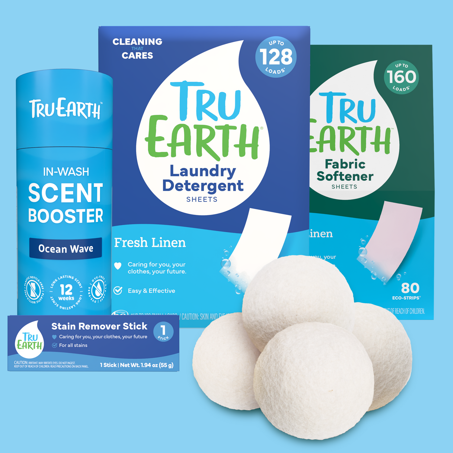 Tru Earth laundry products including detergent, scent booster, and fabric softener on a blue background