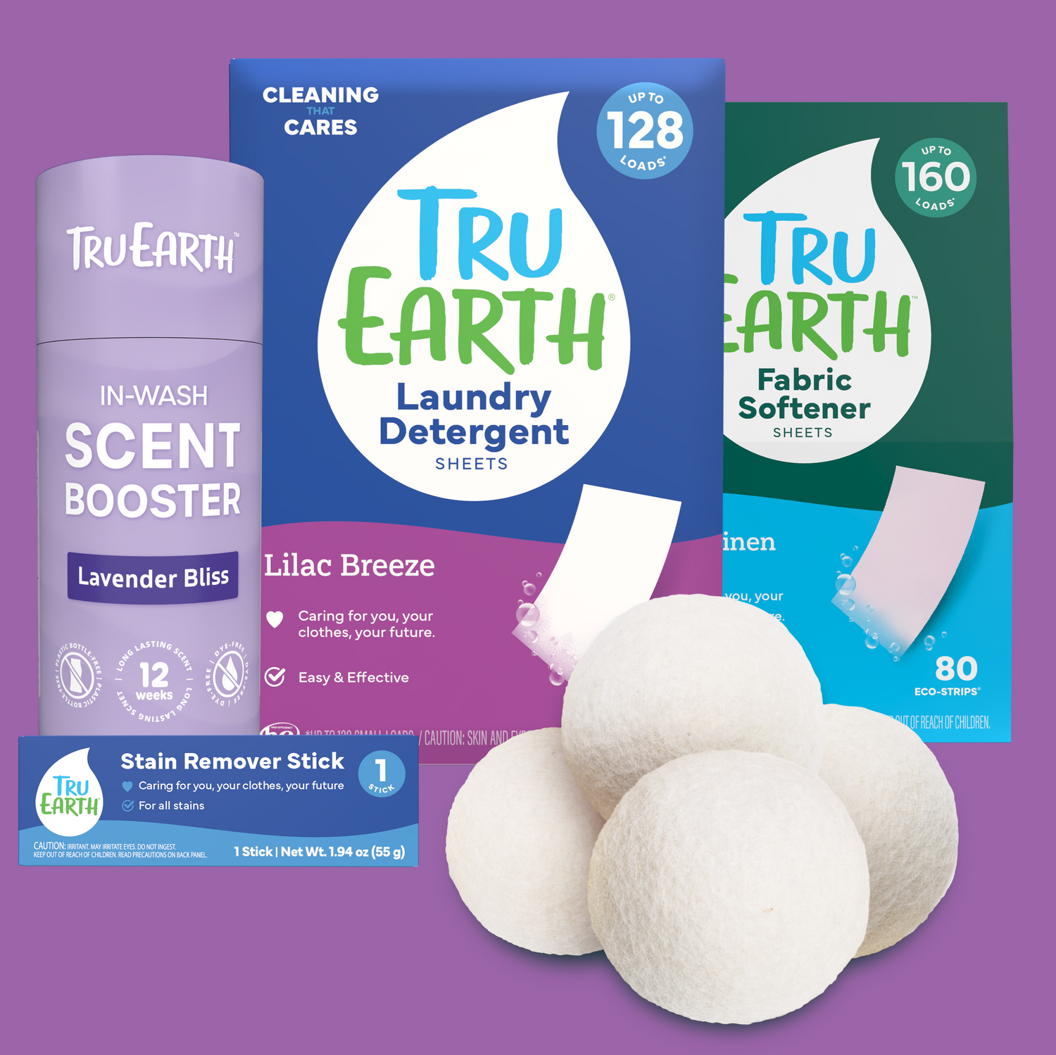 Tru Earth laundry products including detergent, scents booster, and fabric softener on a purple background
