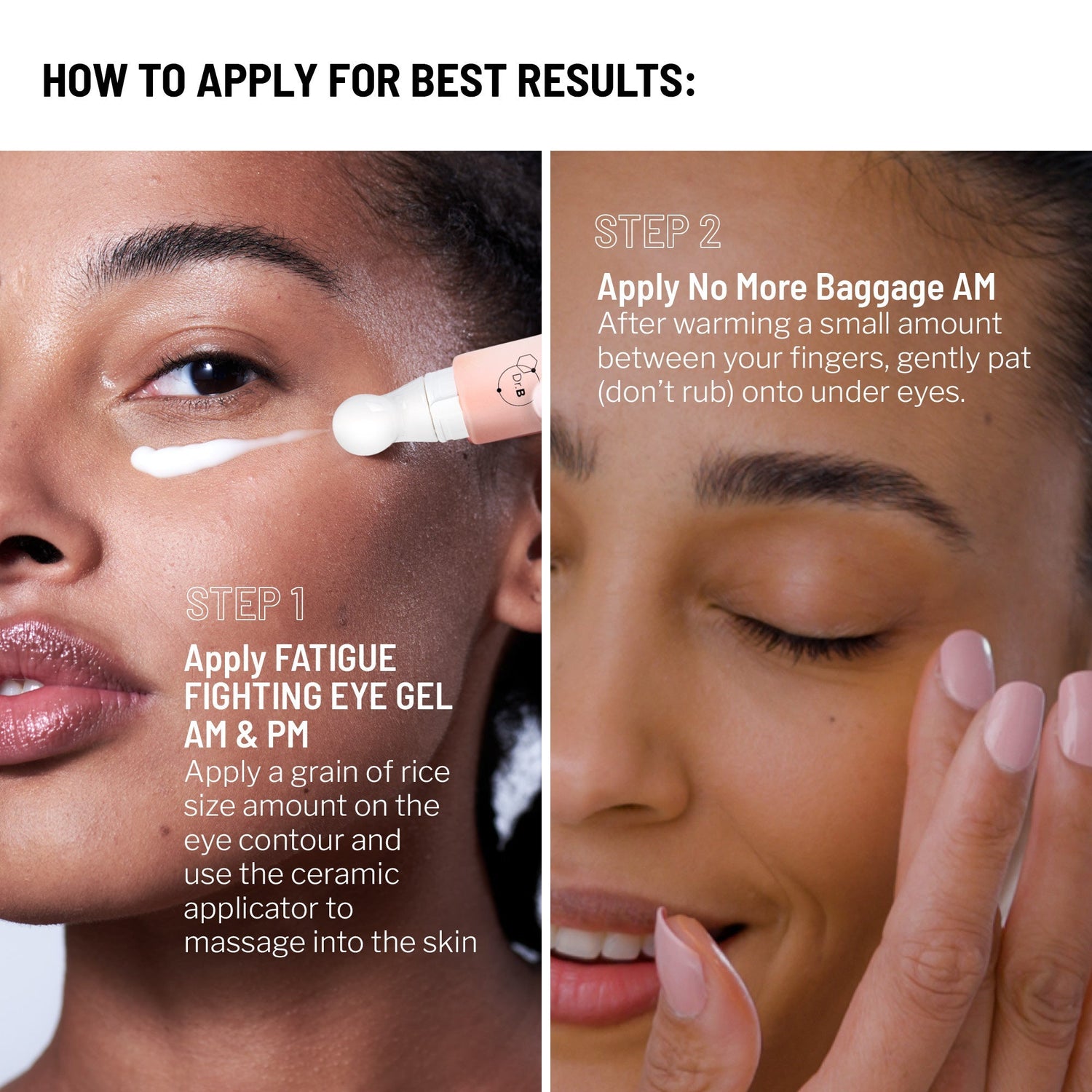 Instructions on applying eye gel with close-up of a woman's face.