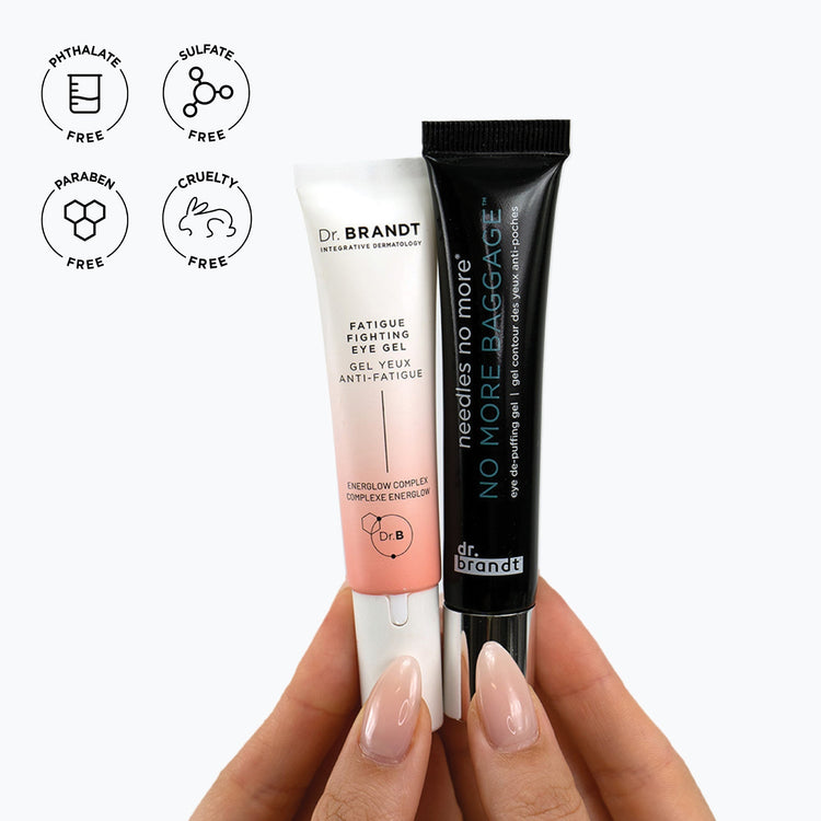 Two skincare products held by a hand with brand logos and ingredient-free icons on a white background.