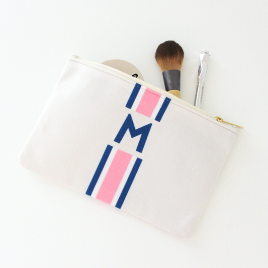 Monogrammed Flat Zip Pouch Bundle - Racing Stripe Pink/Navy