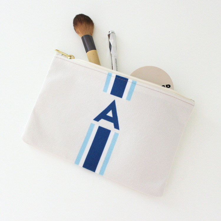 Monogrammed Flat Zip Pouch Bundle - Racing Stripe Navy/Blue