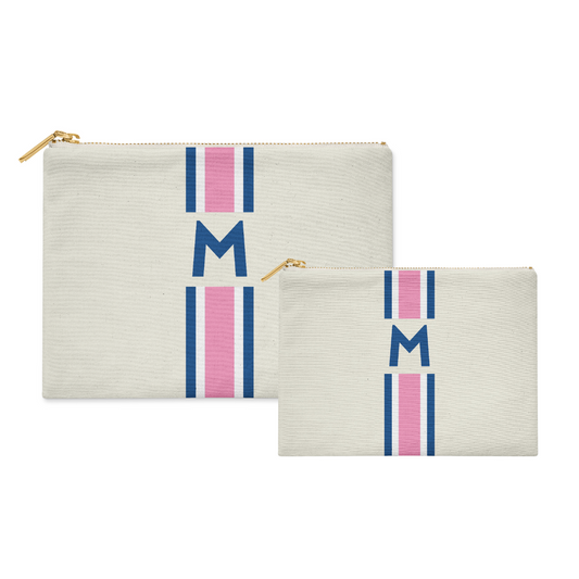 Monogrammed Flat Zip Pouch Bundle - Racing Stripe Pink/Navy