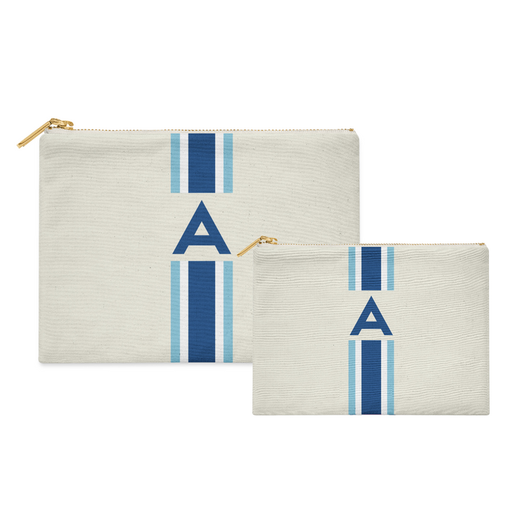 Monogrammed Flat Zip Pouch Bundle - Racing Stripe Navy/Blue