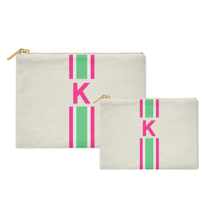 Monogrammed Flat Zip Pouch Bundle - Racing Stripe Pink/Green