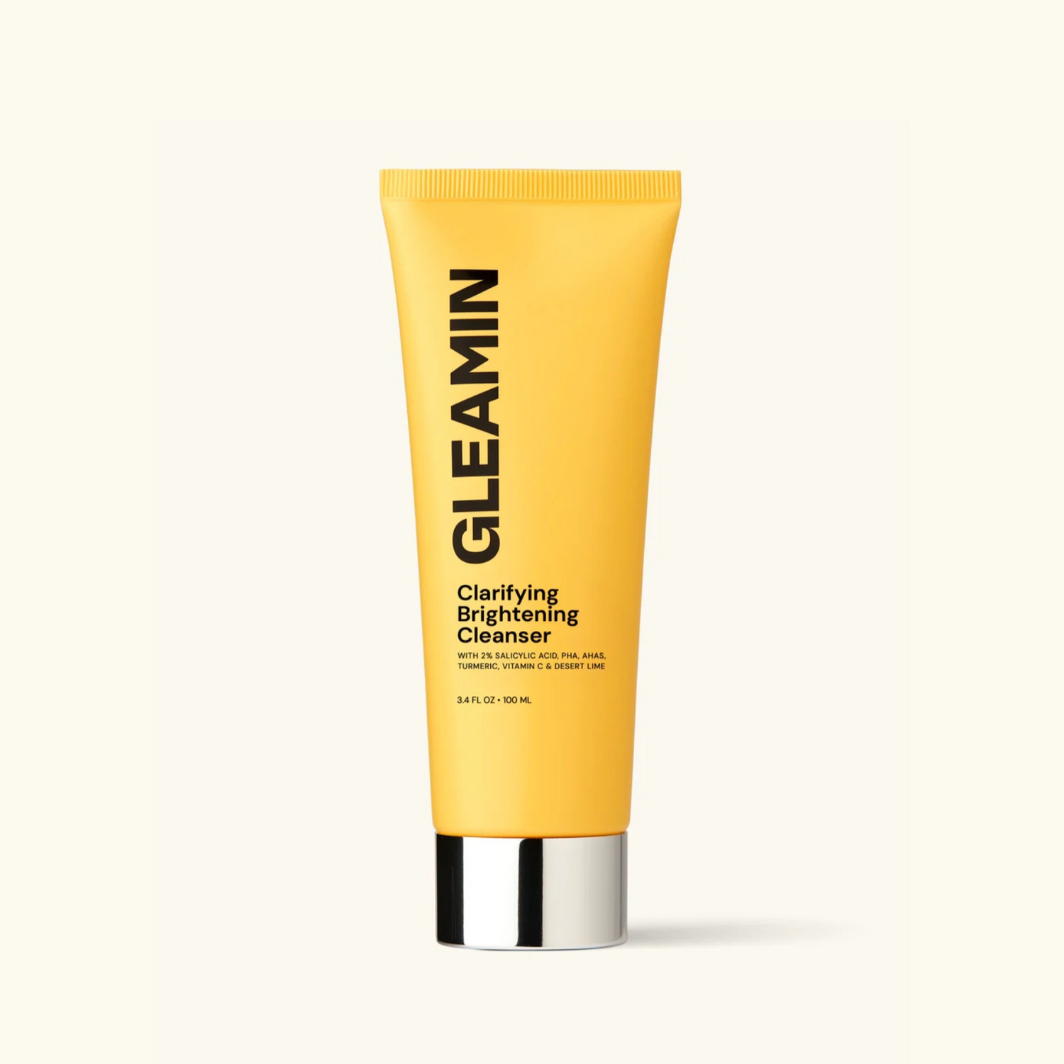 Yellow tube of Gleamin Clarifying Brightening Cleanser on a white background