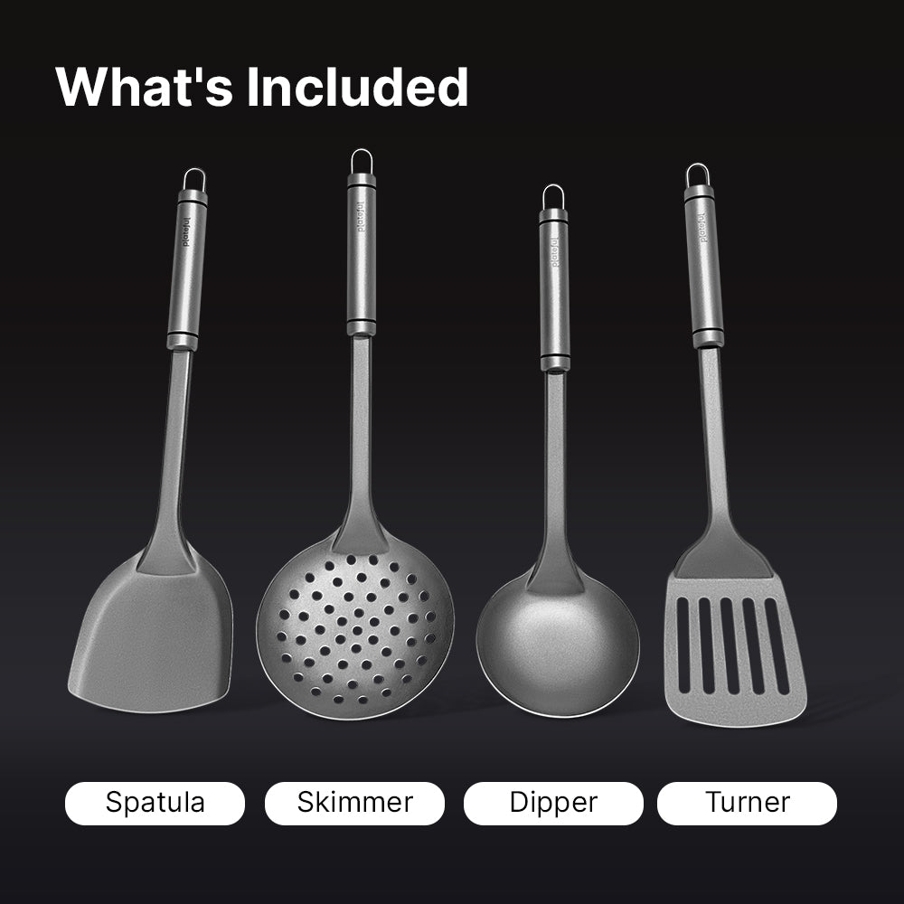 Set of four kitchen utensils labeled Spatula, Skimmer, Dipper, and Turner on a black background.