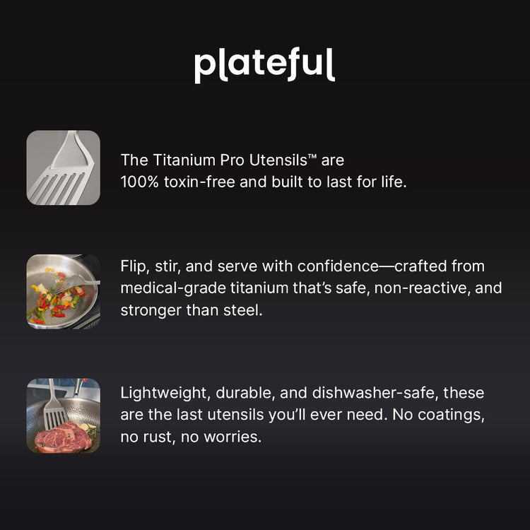 Advertisement for Plateful Titanium Pro Utensils with text and icons on a black background.