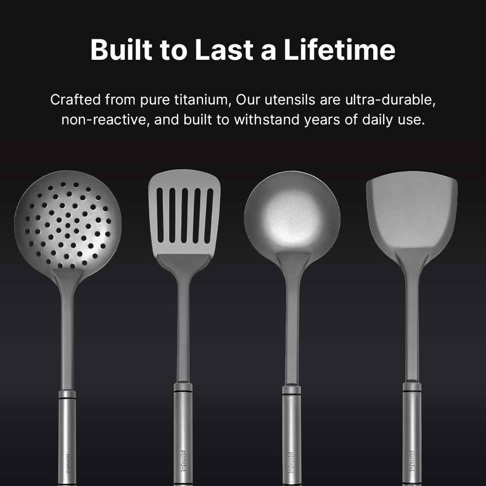 Set of four titanium kitchen utensils on a black background with text about durability.