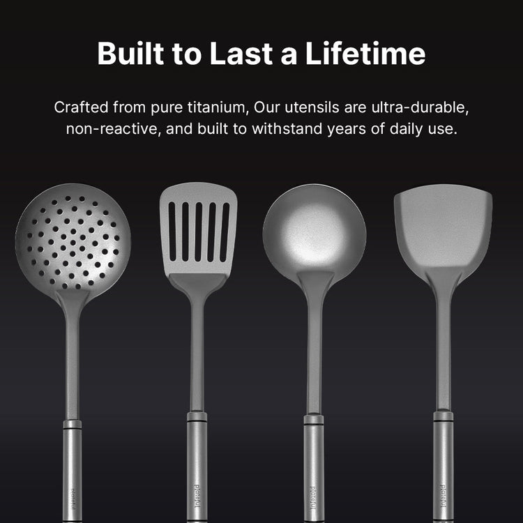 Set of four titanium kitchen utensils on a black background with text about durability.