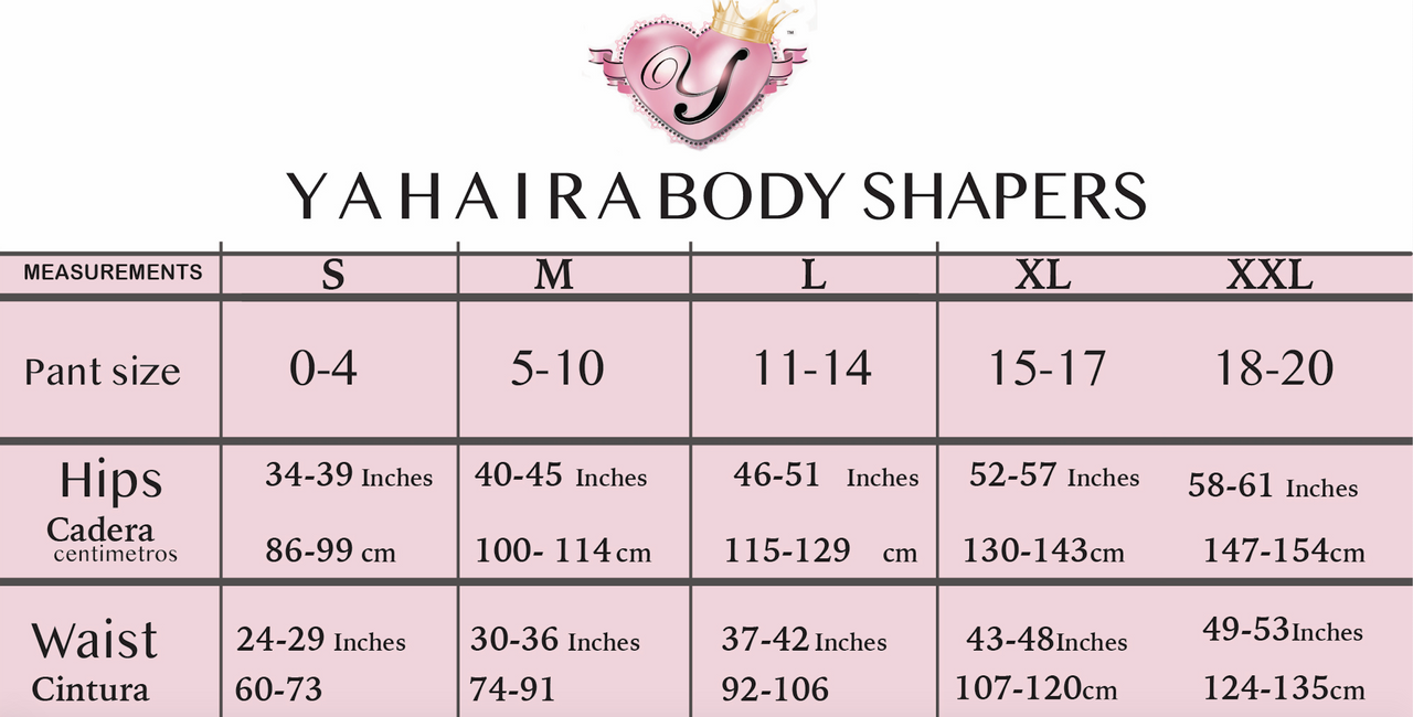 Yahaira body shaper size chart with measurements for pants, hips, and waist.