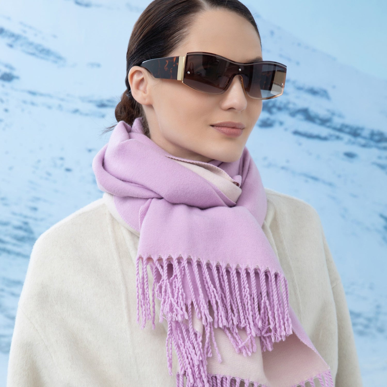 Woman wearing a purple scarf and sunglasses with a blue watercolor background