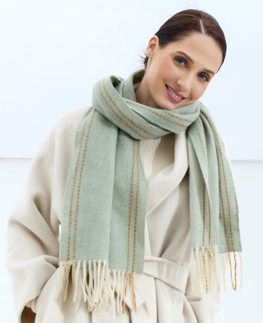 Woman wearing a light green scarf with white background