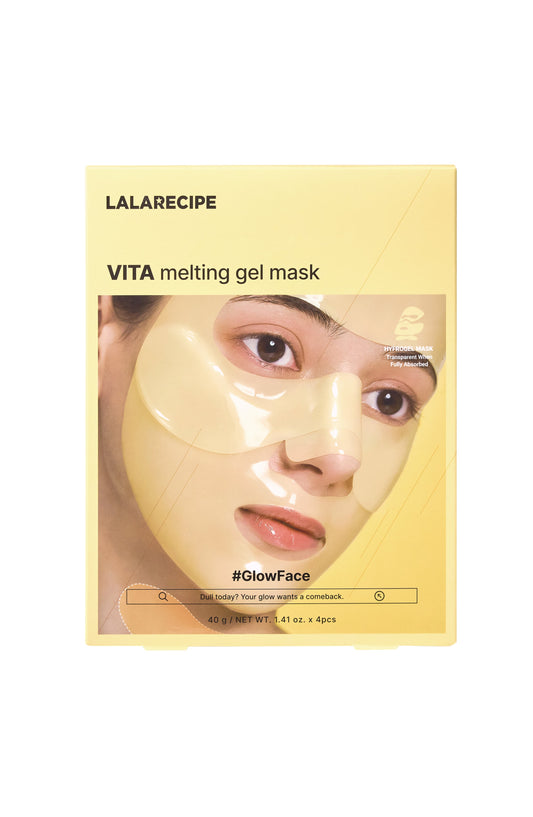 LALARECIPE VITA Melting Gel Mask in a pale yellow rectangular box, featuring a photo of a woman wearing a glowing yellow face mask on the front.