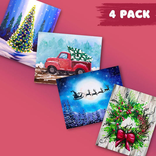 Four Christmas-themed greeting cards on a pink background with '4 Pack' text.