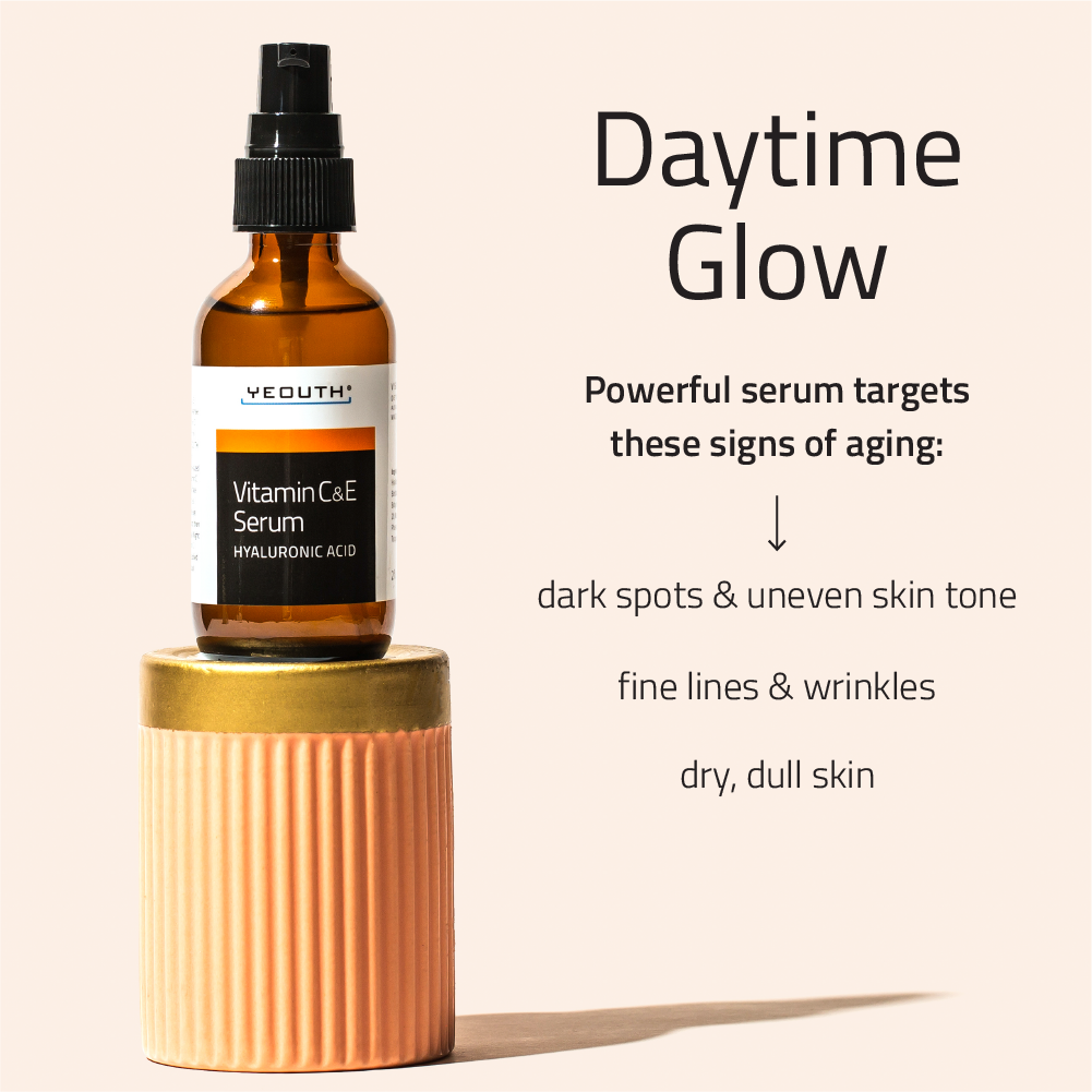 Vitamin C&E serum bottle on a beige background with text about 'Daytime Glow' and serum benefits.