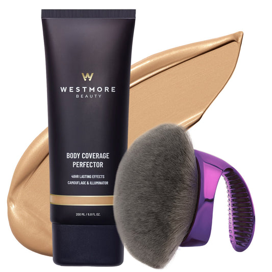 Westmore Beauty Body Coverage Perfector makeup tube shown with a large makeup smear behind it, a large makeup brush in front, and a purple-handled applicator tool on a white background.