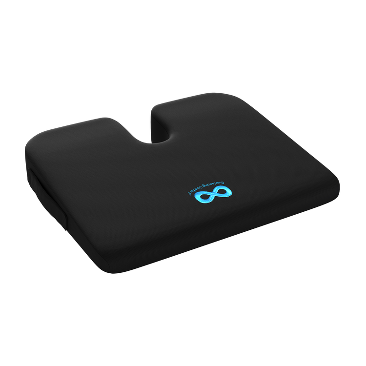 Black cushion with a blue logo on a white background