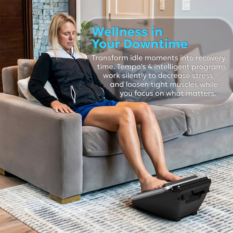 Woman using a foot massager on a couch with promotional text about wellness and stress relief.