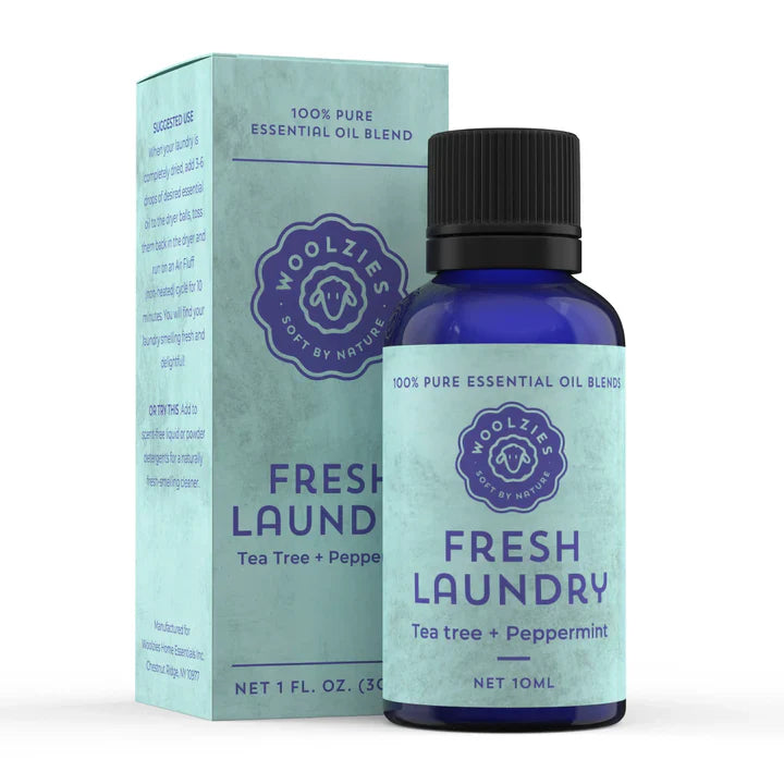 Woolzzies Fresh Laundry essential oil bottle and packaging on a white background