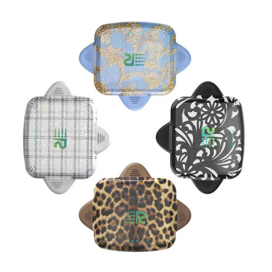 Five different patterned cases on a white background