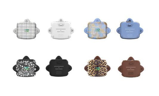 Five different patterned cases on a white background