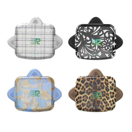 Five different patterned cases on a white background