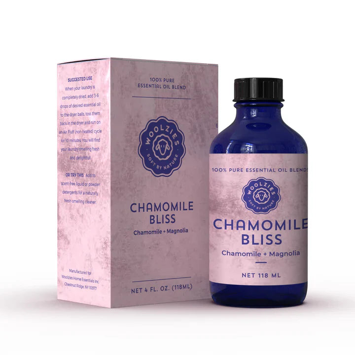 Chamomile Bliss essential oil bottle and packaging on a white background