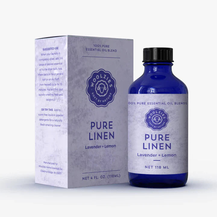 Moolzie's Pure Linen Lavender + Lemon essential oil bottle and packaging on a white background