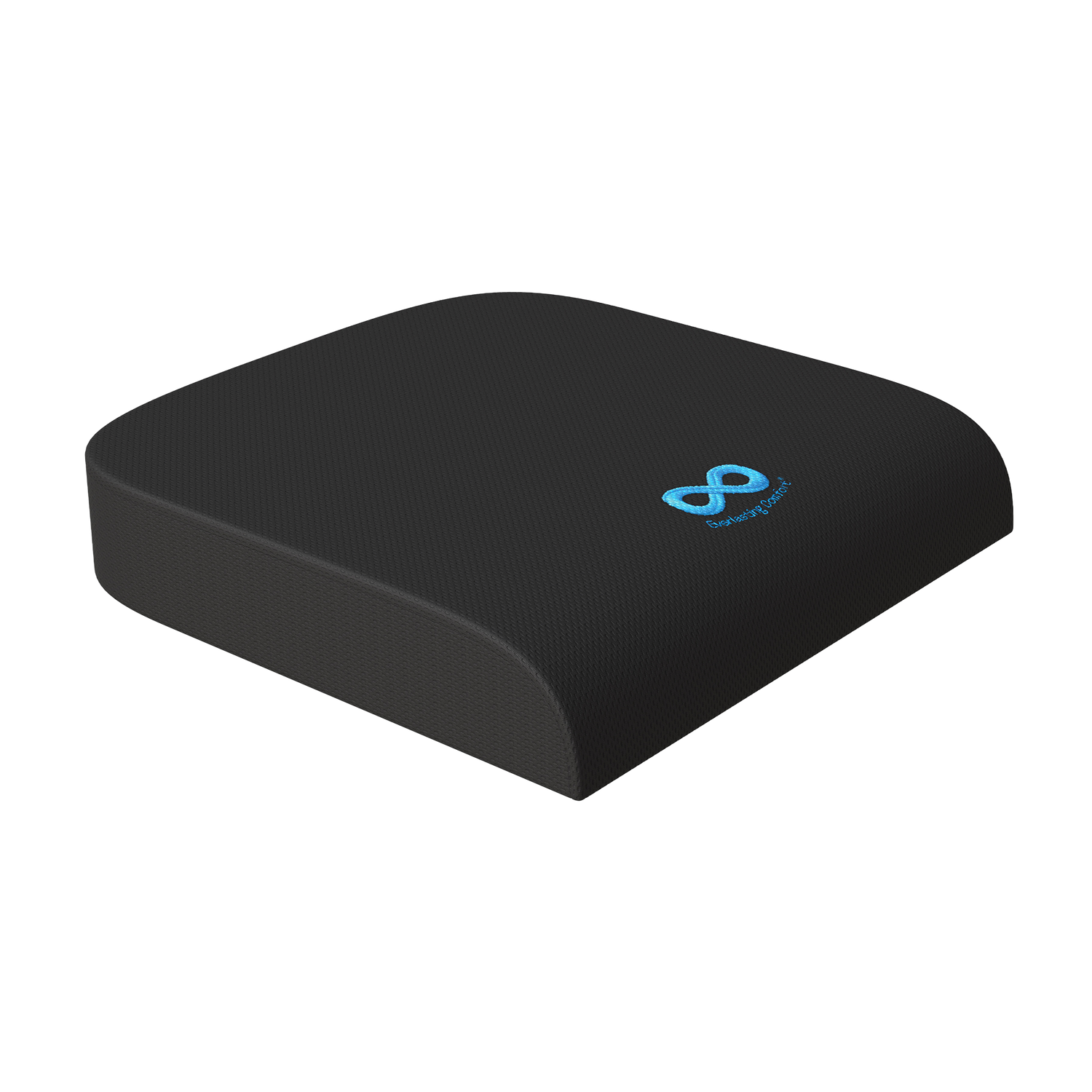 Black cushion with a blue logo on a white background