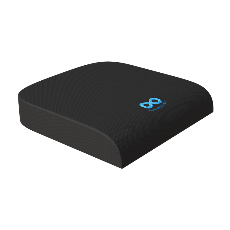 Black cushion with a blue logo on a white background