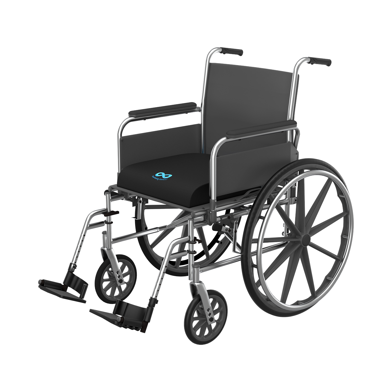 Black wheelchair with a visible logo on a white background