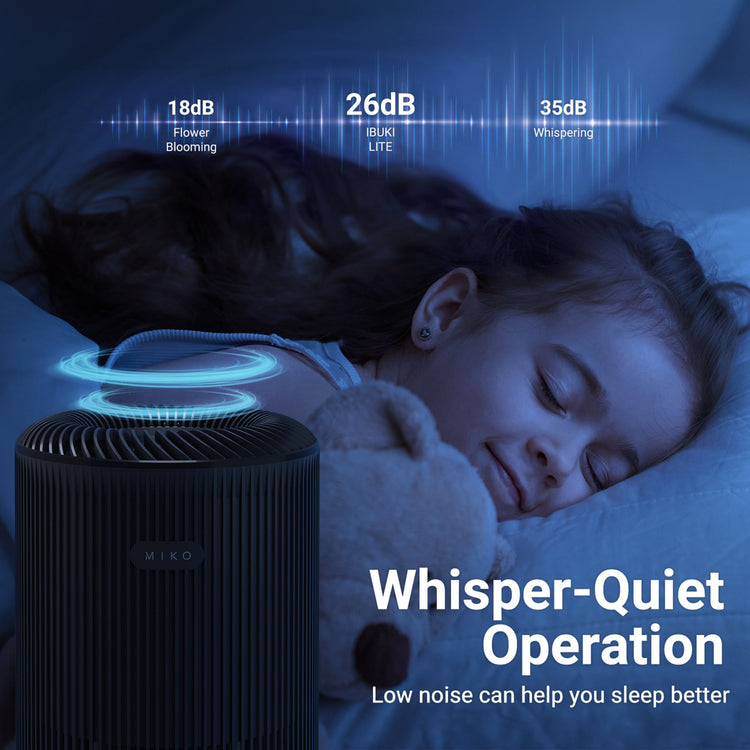 Child sleeping with a device labeled 'MIDEA' and text about whisper-quiet operation.